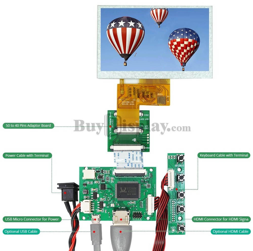 4 3" inch TFT LCD Display w/Small HDMI Driving/Controller Board for Raspberry PI
