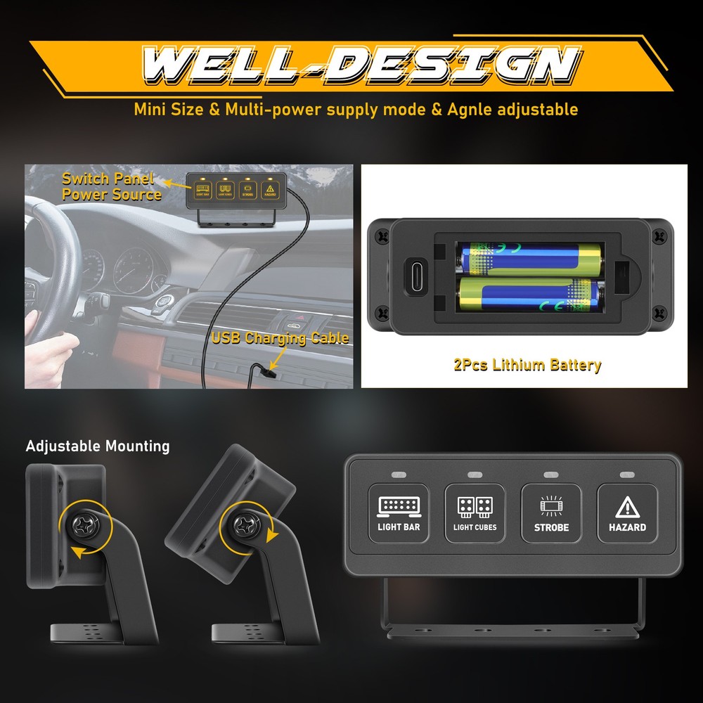 For Jeep Gladiator Wrangler Wireless 4 Gang Switch Panel LED Lights Control Box