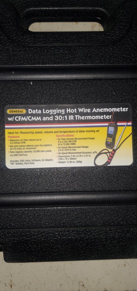 General CIH30DL Data Logging Airflow Volume Hot Wire Anemometer with 30:1...