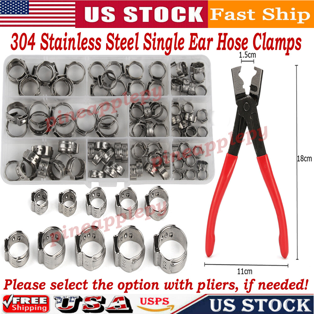 260PCS 304 Stainless Steel Single Ear Stepless Hose Clamps 6.5-21mm Kit or Plier