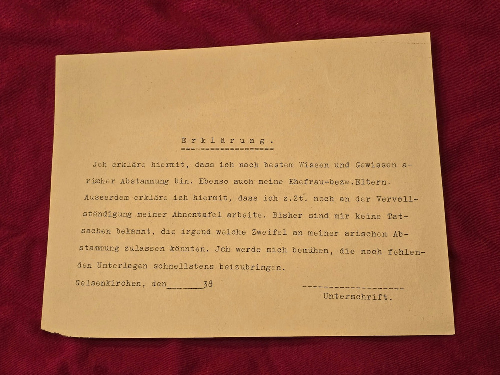 1938 Third Reich German Family Tree Ancestry Proof Declaration Document