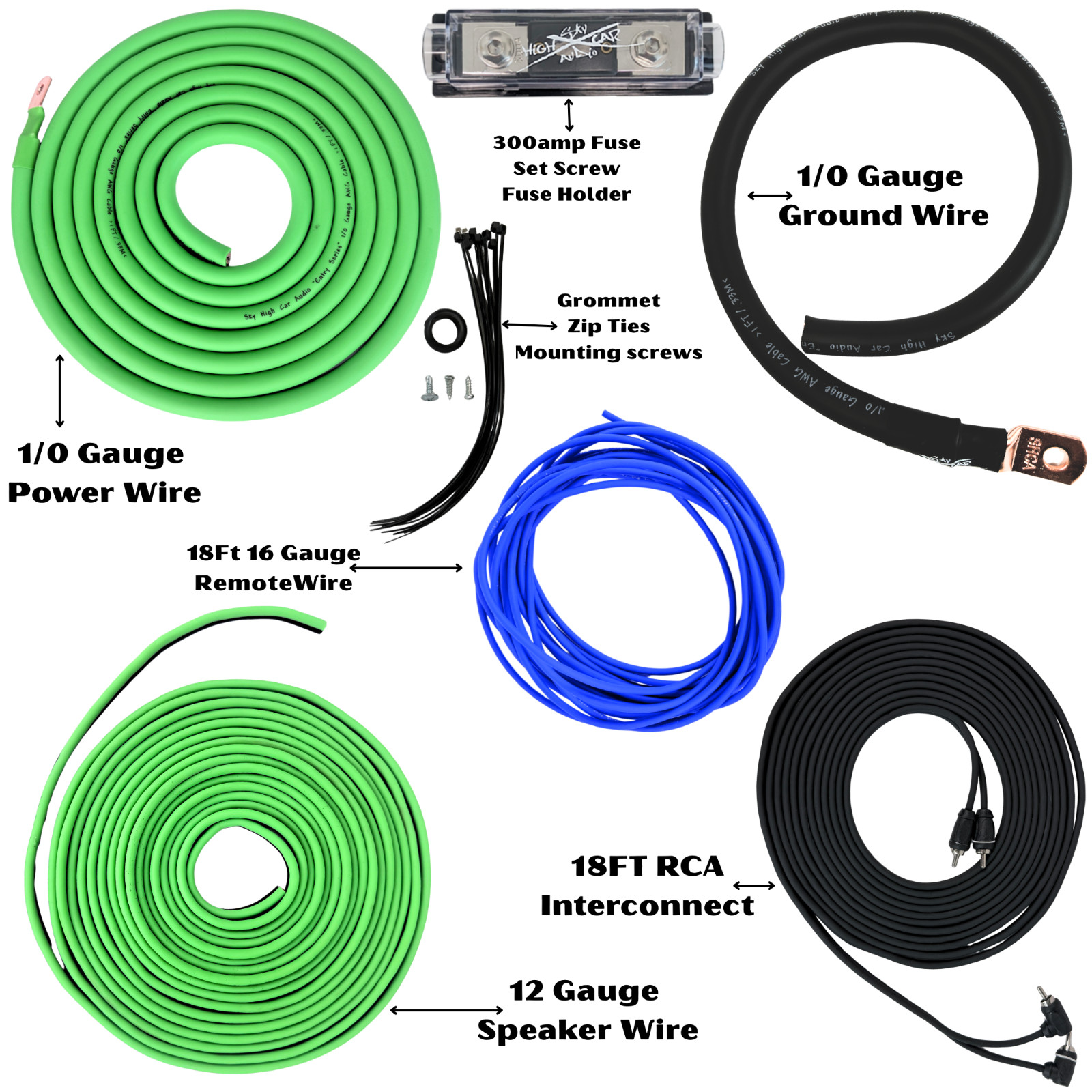 1/0 Gauge Green Amp Wiring Kit CCA Sky High Car Audio Amplifier Install Kit Sub