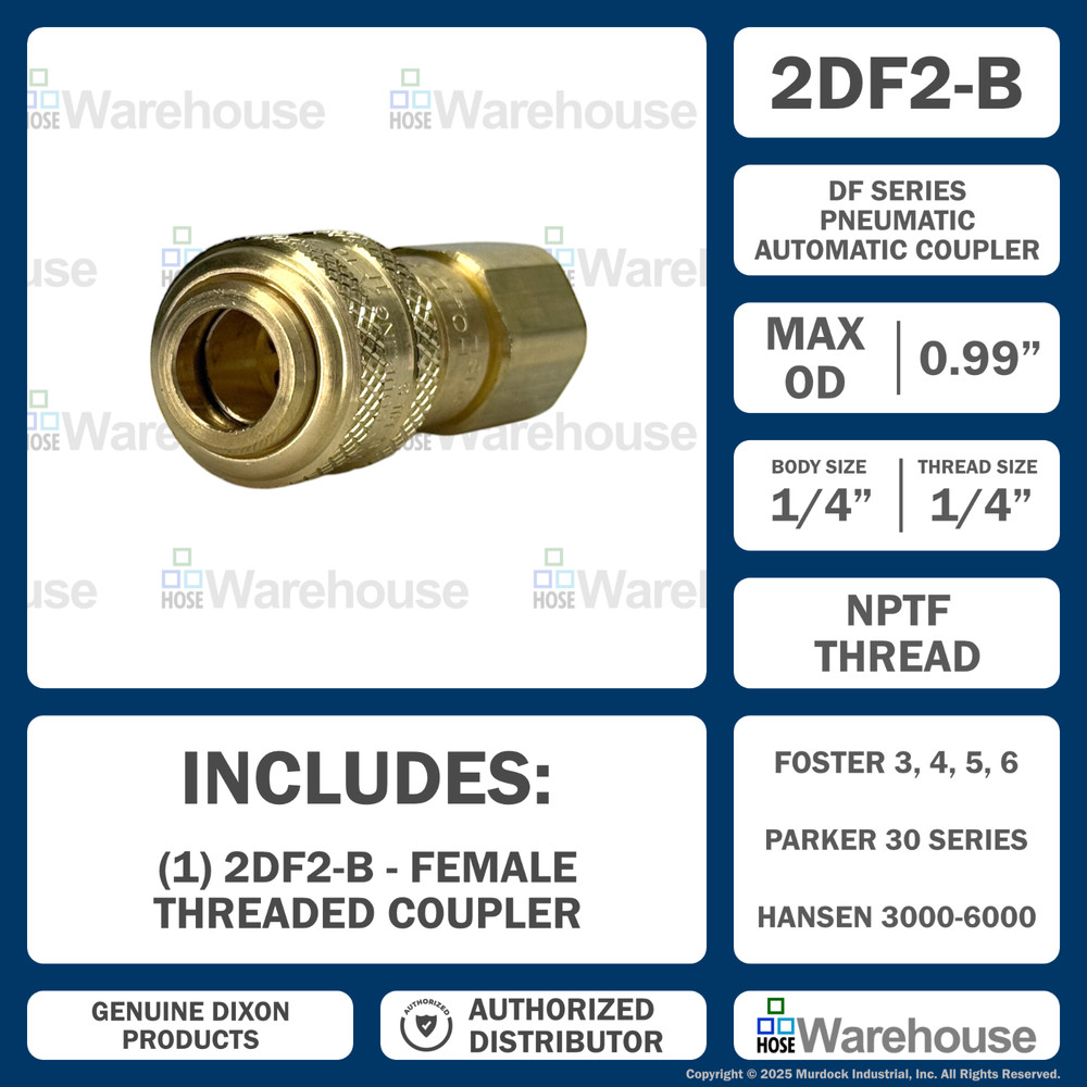 Genuine Dixon 2DF2-B DF-Series Coupler – Brass Automatic Pneumatic Female Thread