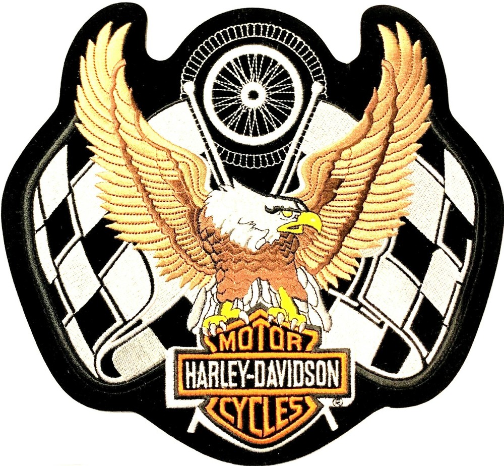 HARLEY DAVIDSON RACING CHECKERED FLAG UP WING EAGLE MOTORCYCLE PATCH 8" x 9 1/4"