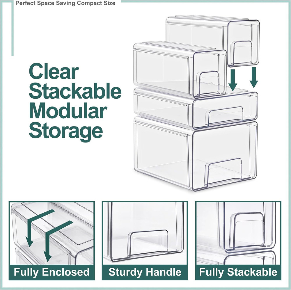 Medium Clear Stackable Storage Drawers 4-Pack Plastic Organizer Bins with Handle