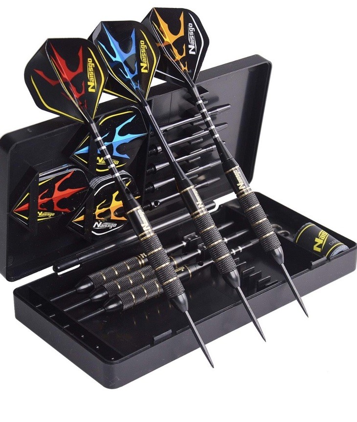 6 Piece 2 Color Steel Tip Dart Set, Case, Sharpener, Key