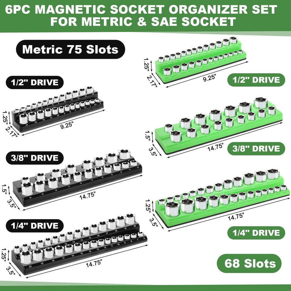 8 Pack Magnetic Socket Organizer Set 1/4", 3/8", 1/2" Socket Holder, Magnetic...