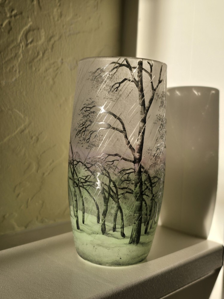 Daum Nancy "Rain Landscape" Windswept Trees and Vertical Rain. Signed.