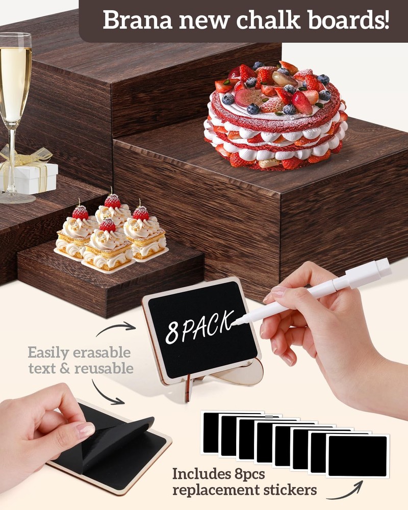 8 Size Nested Buffet Risers with Mini Signs, 8PCS Rustic Wooden Cake & Desser...