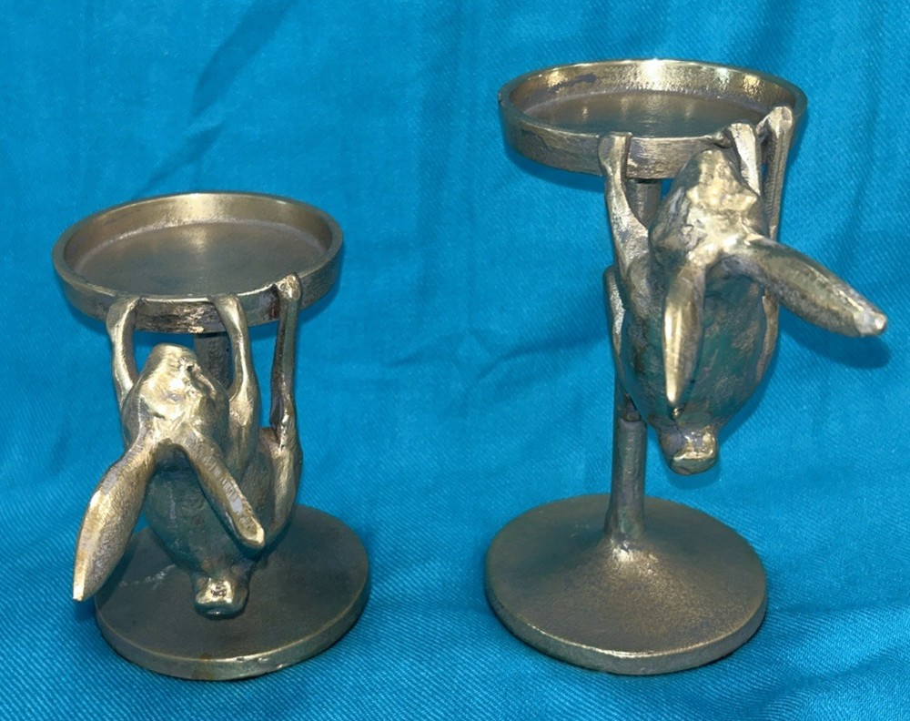Pair (2) Brass Bunny Rabbit Candle Holders Easter Spring Made In India