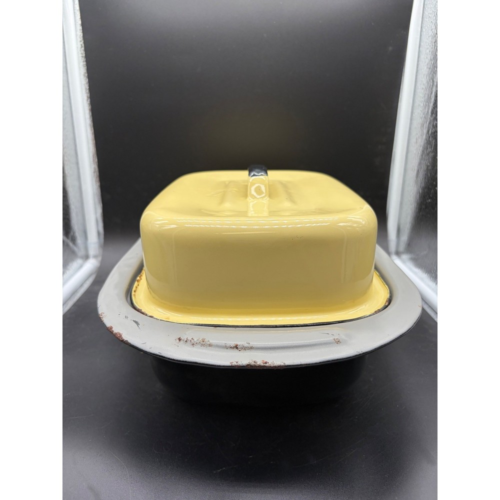 Vintage Enamelware Roaster Pan 2 Piece Set Yellow Grey Black Nesting Cookware