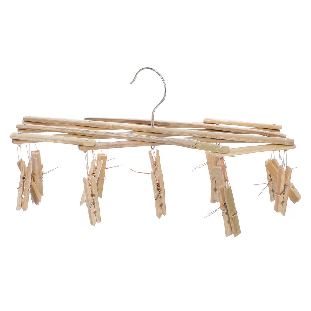 Bamboo Laundry Drying Rack With Windproof Clothespin Hooks