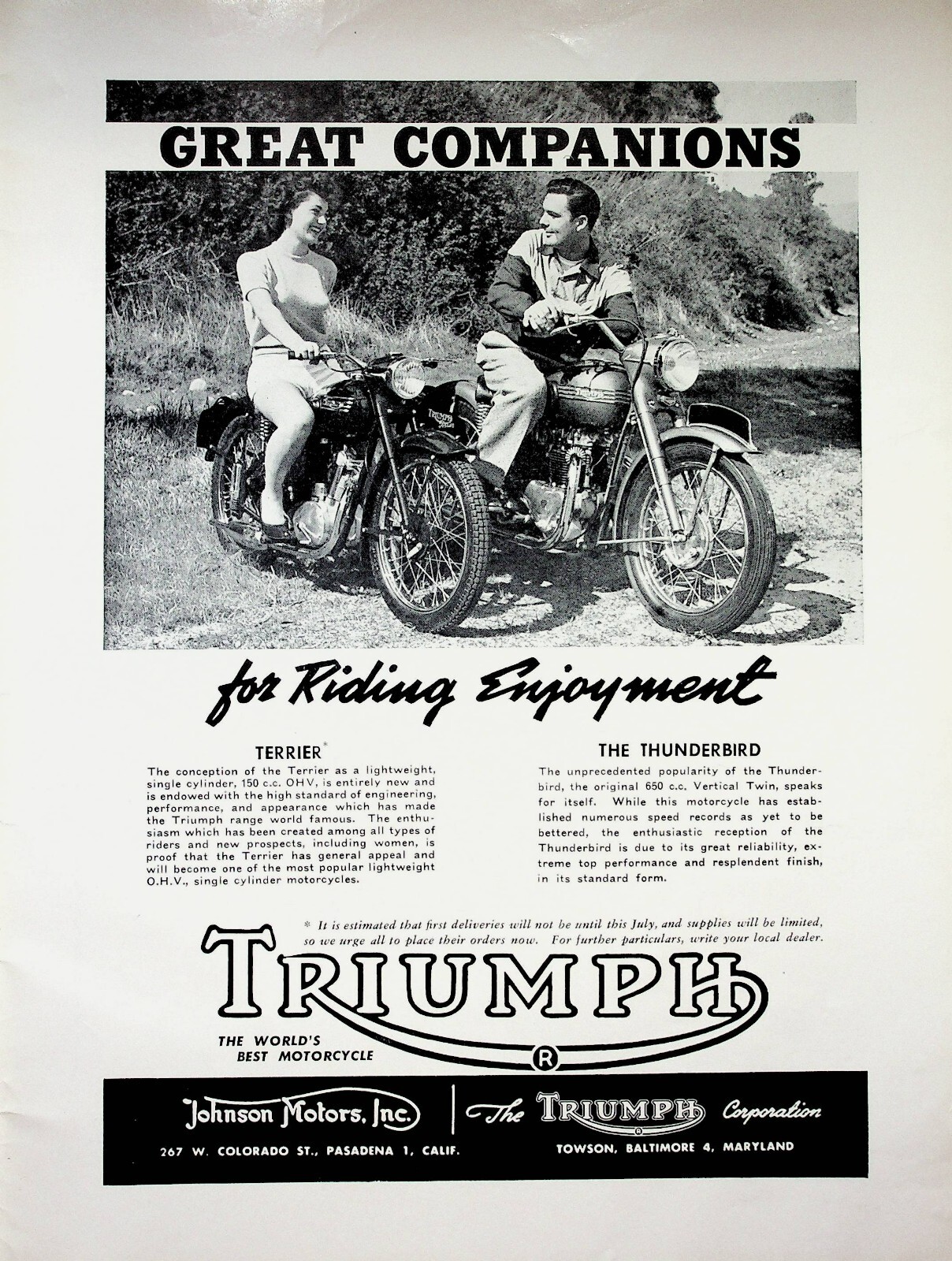 1953 Triumph Terrier & Thunderbird - Vintage Motorcycle Ad