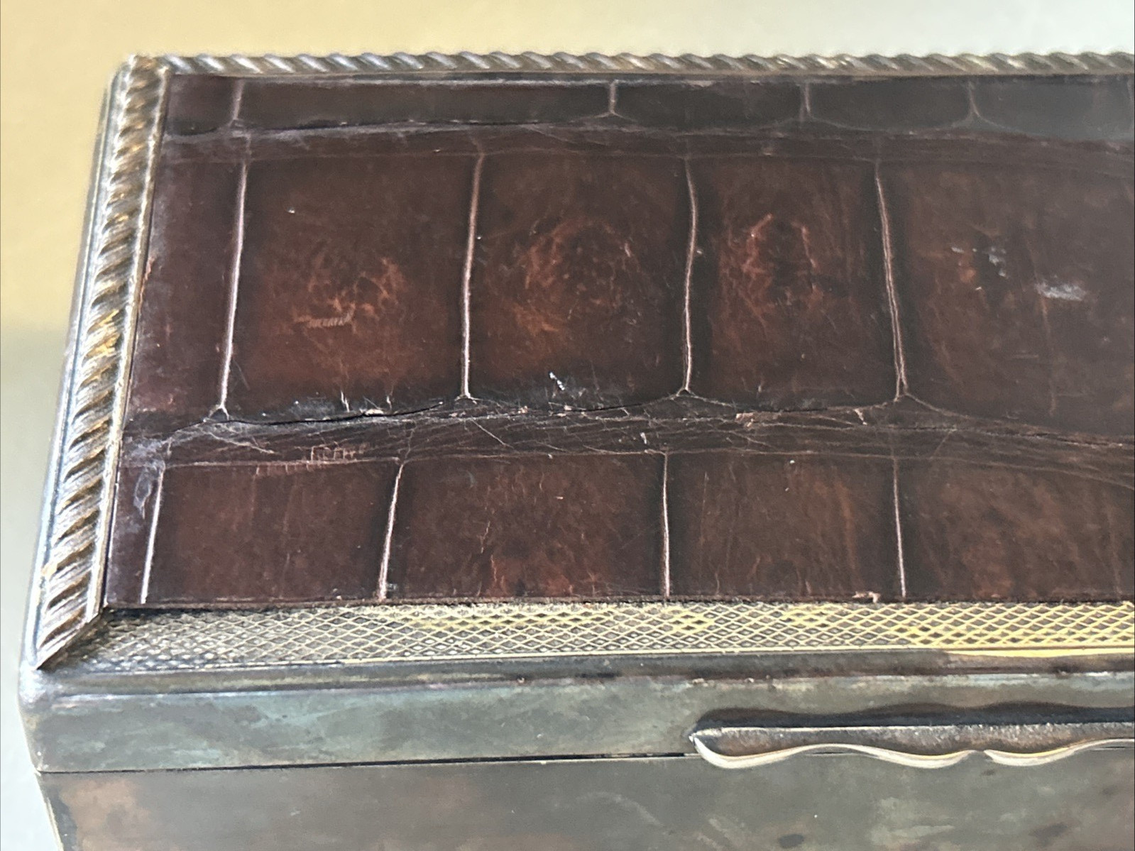 Aristocrat Silver Plate w/ Crocodile/ Alligator Top Cigarette Box Wood Lining
