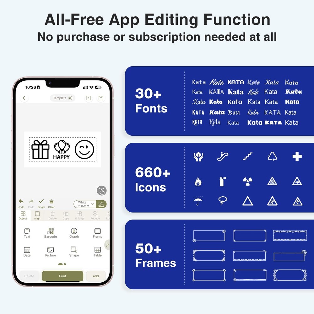 E11 Bluetooth Label Maker Machine Support Keyboard App 4 Tapes Inkless Black