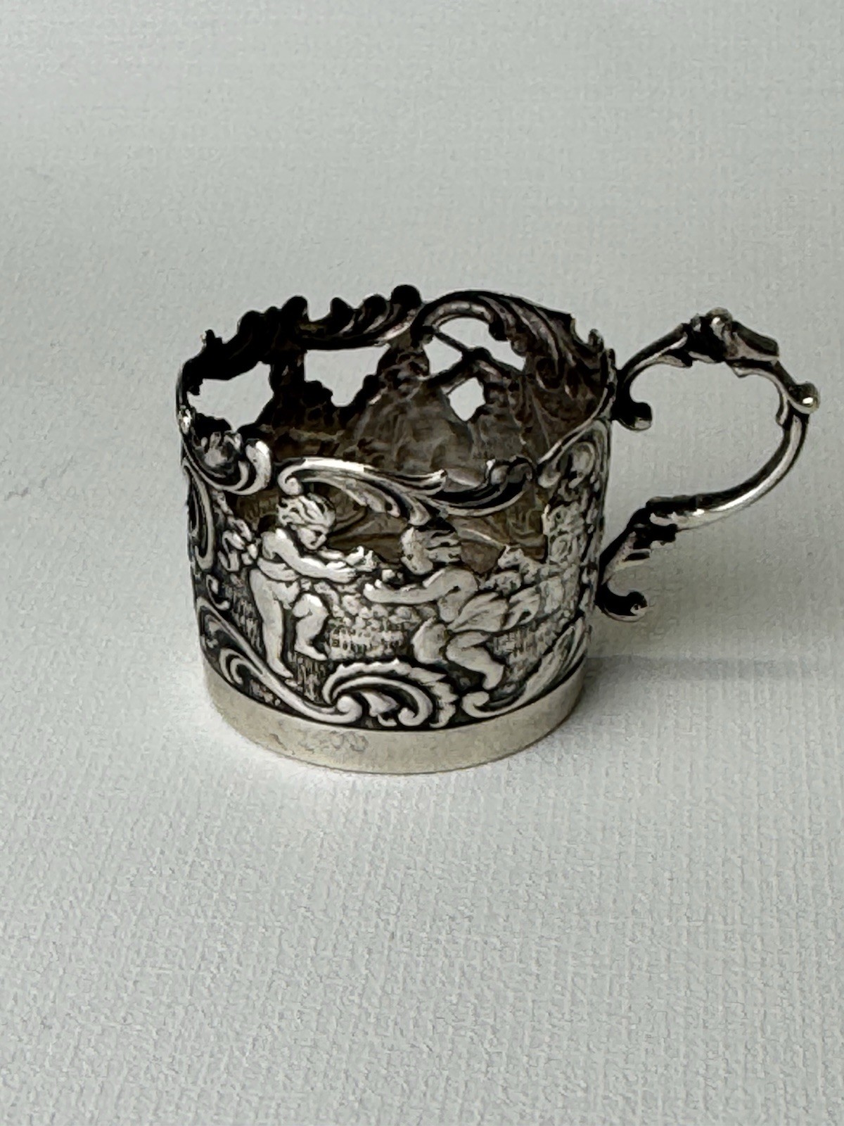 Antique Germany 800 Silver Tea Glass Holder With Ornate Rococo Cherub Scene