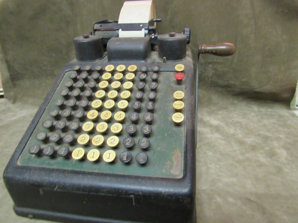 Circa 1920's Burroughs Co Adding Machine Black with Wood handle Design Works