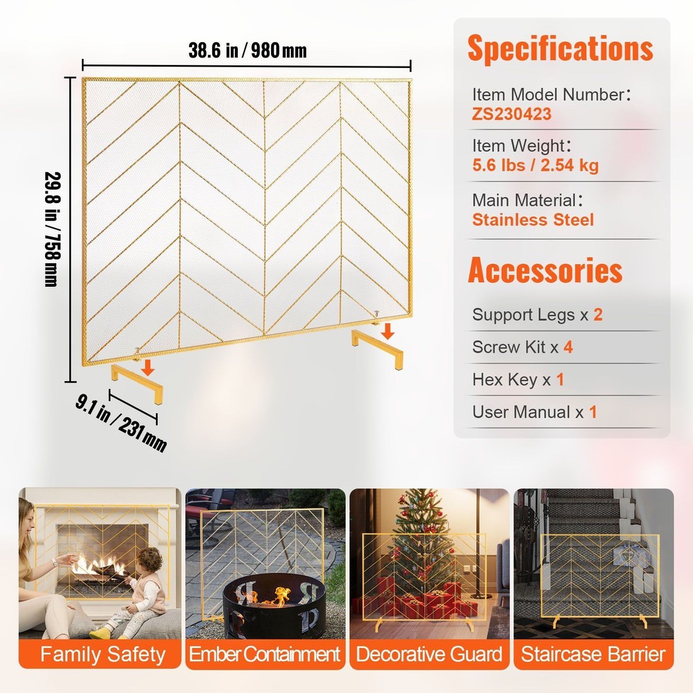 38.6"L x29.8"H Sturdy Iron Mesh Fireplace Screen Single Panel Free Standing