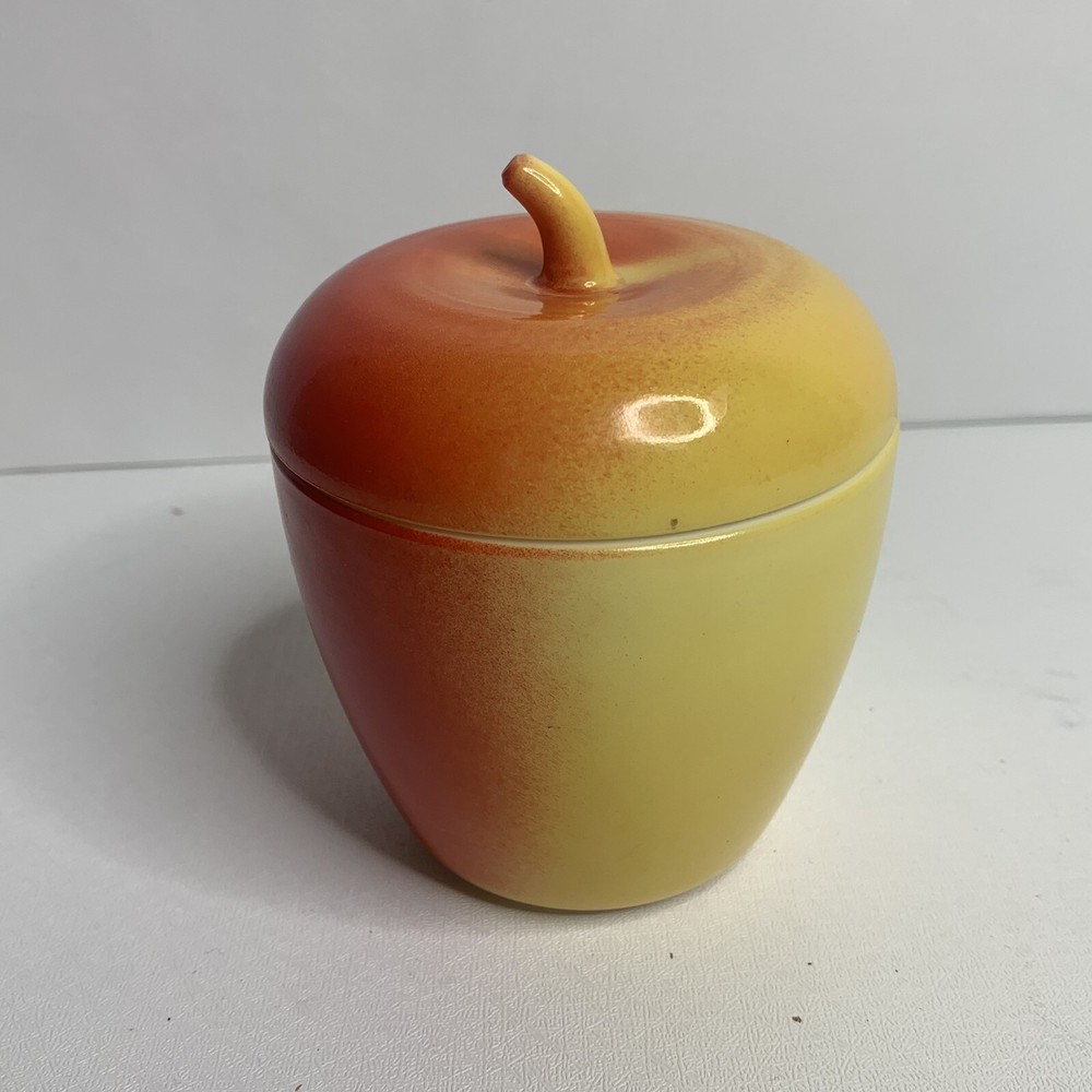 Vintage Red Yellow Apple Milk Glass Covered Container