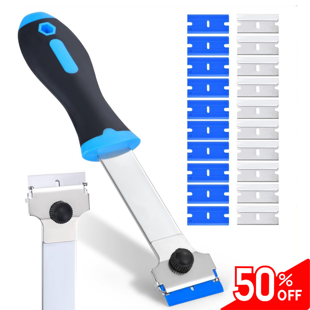 Blade Scraper Tool with 10 Metal & 10 Plastic Replacement Blades, Long Handle US