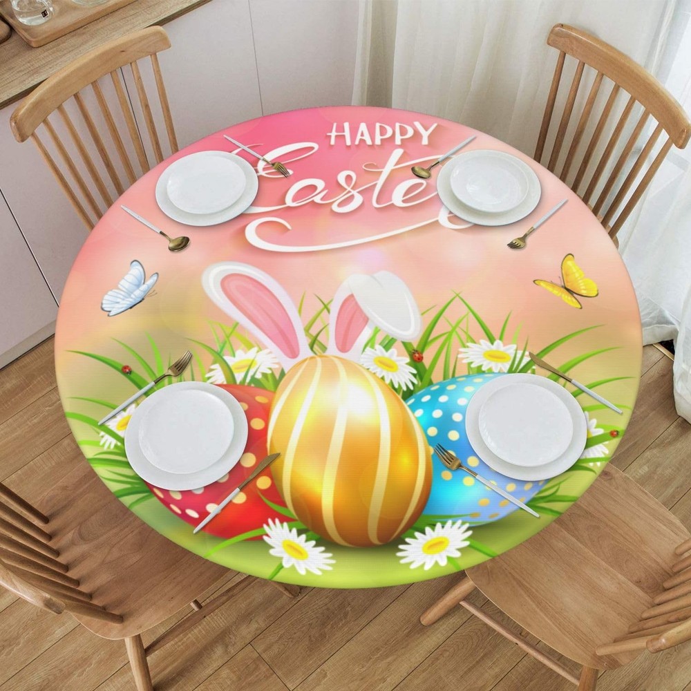 Easter Round Tablecloth with Elastic Edge, Easter Rabbit Egg Fitted Tableclot...