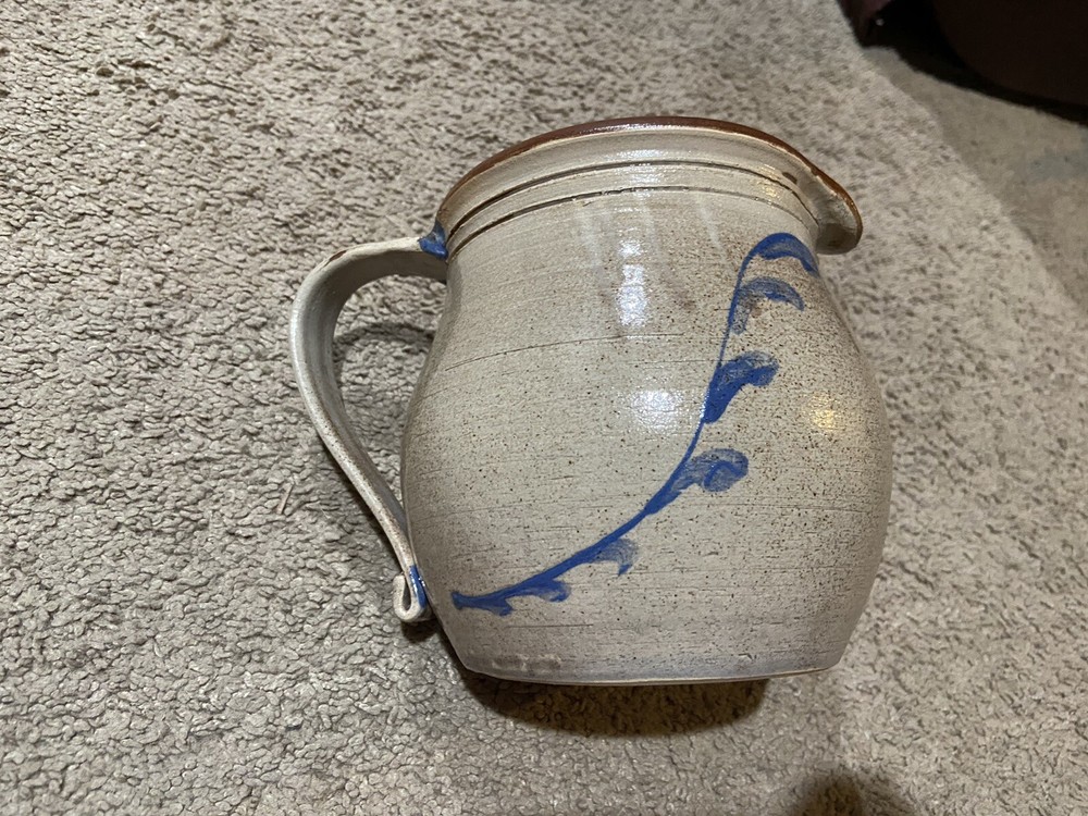 Signed 2002 SHIELDS Studio Art Pottery Pitcher 6” Tall Wide Heavy Handle Blue