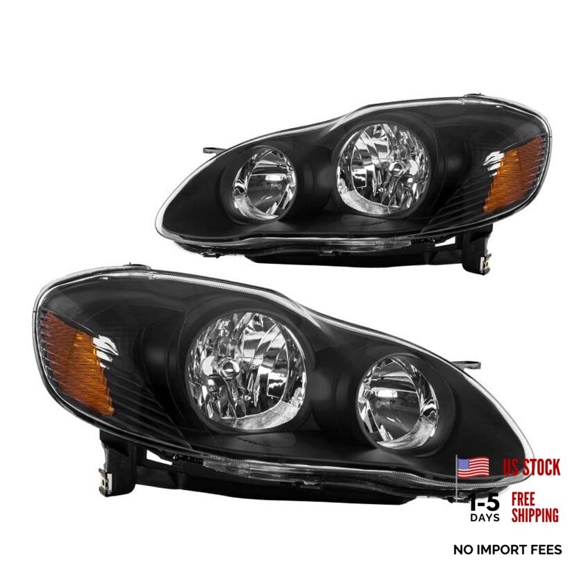 Headlight Assembly, Compatible with 2003-2008 Corolla, Amber Corner, Black