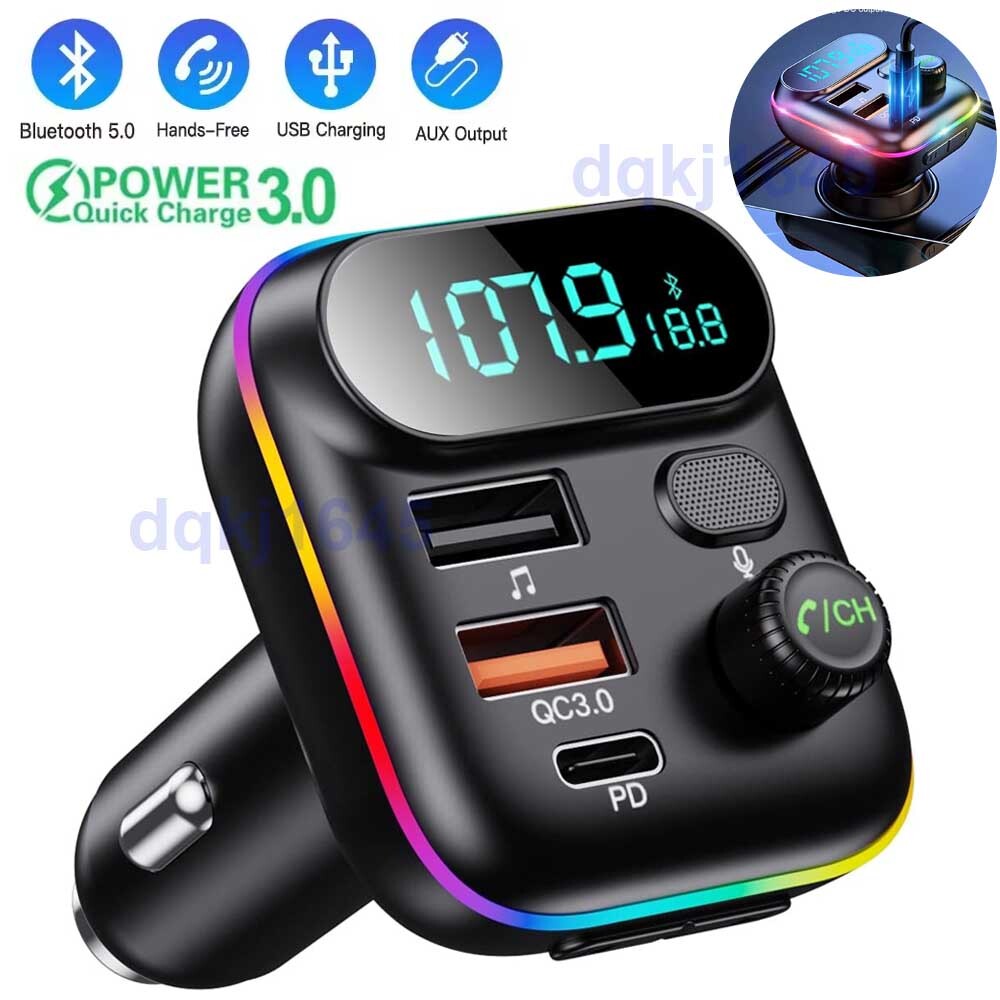Bluetooth 5.0 Car Wireless FM Transmitter Adapter USB PD Charger AUX Hands-Free