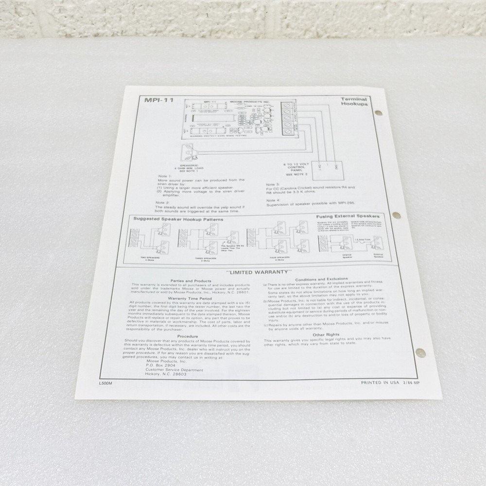 Moose MPI-11 High Powered Siren Driver Specifications & Instructions Operations