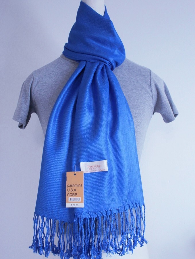 Pashmina Scarf Shawl Wrap,Solid Royal Blue Silk Cashmere.Soft