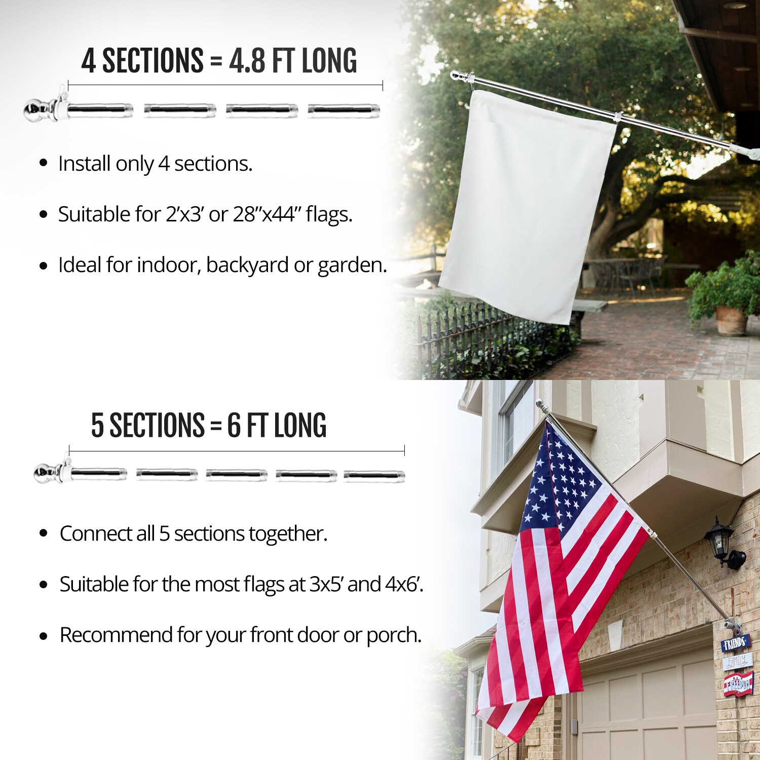 Anley 6 Ft Flag Pole Stainless Steel Flag Pole Kit with Rings Adjustable Length