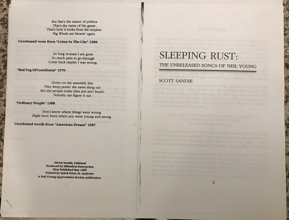 “Sleeping Rust” The Unreleased Songs Of Neil Young By Scott Sandie NYAS 1990