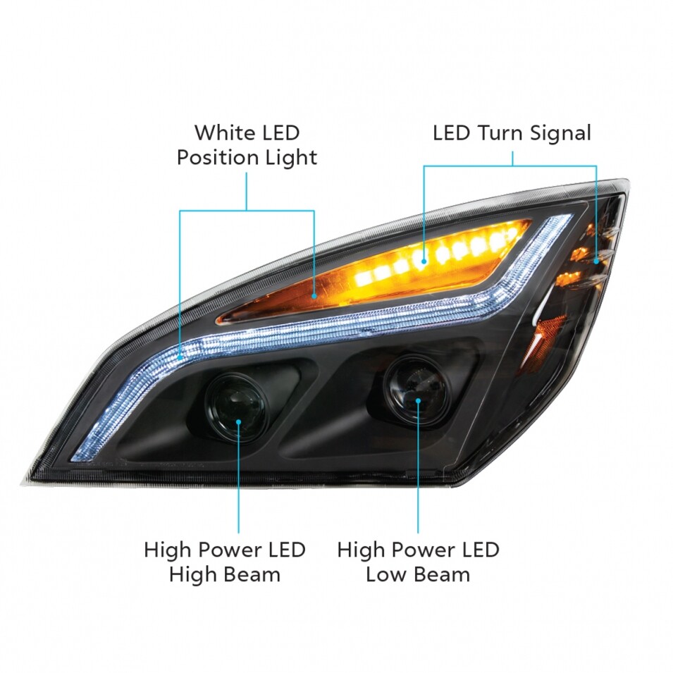 LED Projection Headlight w/ Position Light f/ Freightliner Cascadia - Driver
