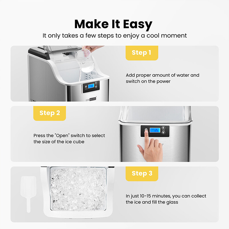 44lbs/Day Electric Chewable Nugget Ice Cube Maker Machine Self-Clean Function