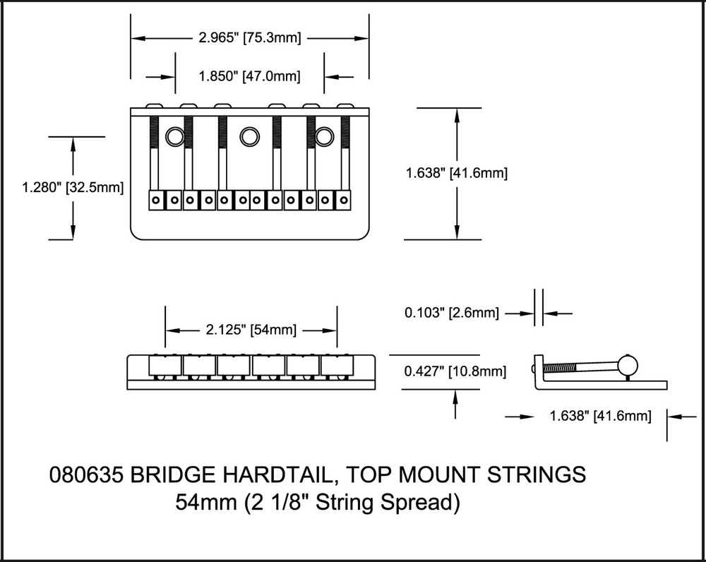 Bridge Hardtail 54mm Spread String top mount Black 2 1/8 080635BK