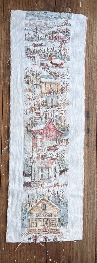 Vintage Hand Stitched Needlepoint Winter Village Americana Bell Pull Panel *cut