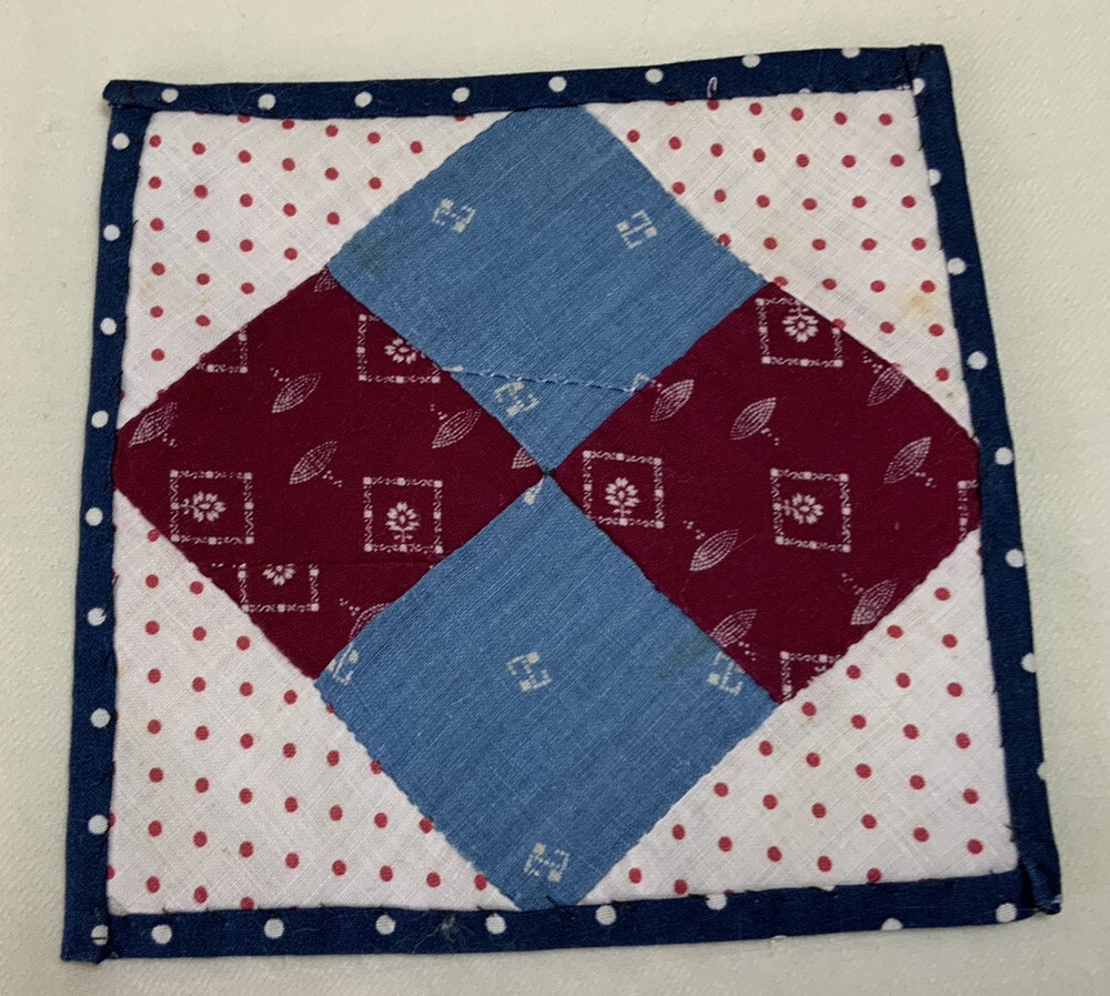 Vintage Patchwork Quilt Small Table Topper, Four Patch, Blue, Burgundy, White