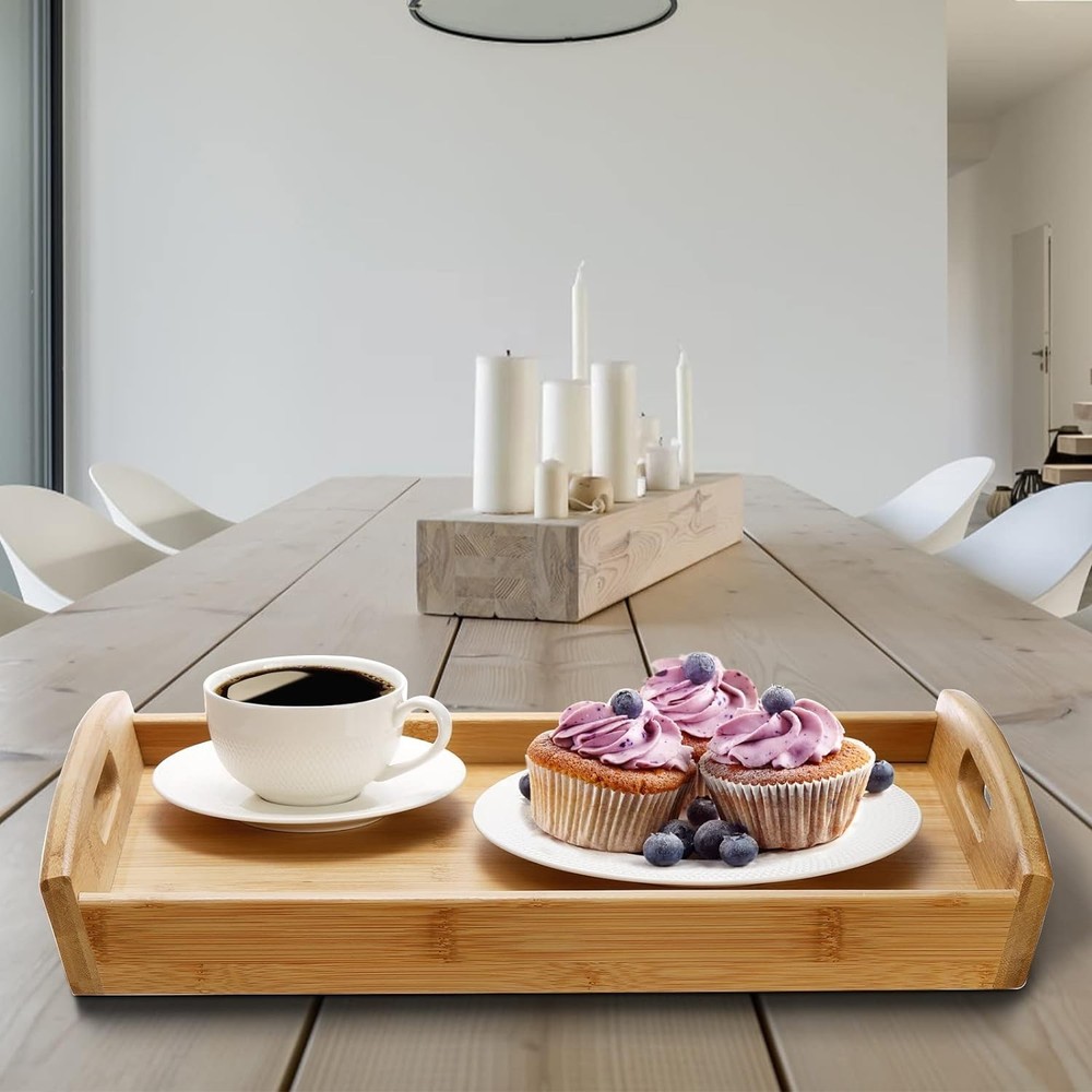 Peohud 4 Pack Bamboo Serving Trays with Handles, Rectangular Kitchen