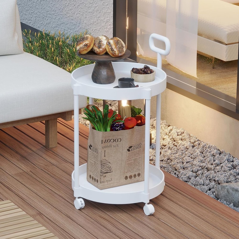 2-Tier Plastic Rolling Utility Cart + Handle Coffee Side Table Couch End Table
