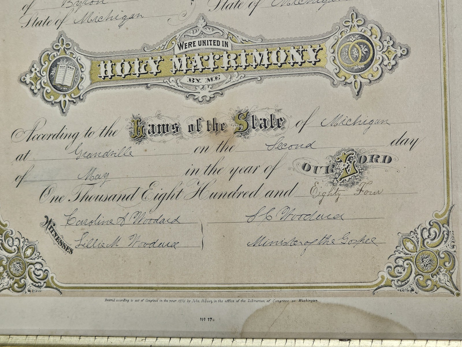 Antique C.1884 Michigan Large Size Marriage Certificate Framed. 14 X 19 Opening