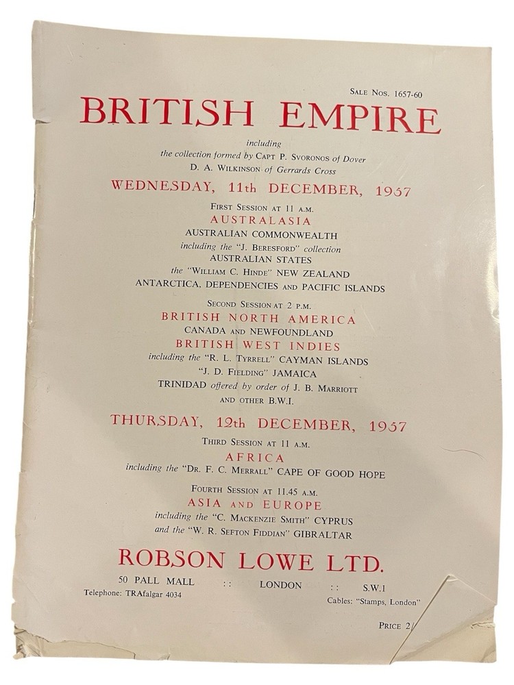 1957 Robson Lowe British Empire Stamp Auction Catalogue + Prices Realised