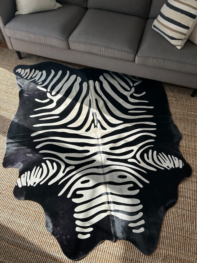 Zebra Print Cowhide Rug - Reverse Pattern / Beige Stripes/ Reverse Zebra Cowhide