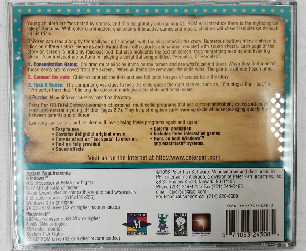 Hercules Interactive Learning Activities - Peter Pan Software CD ROM