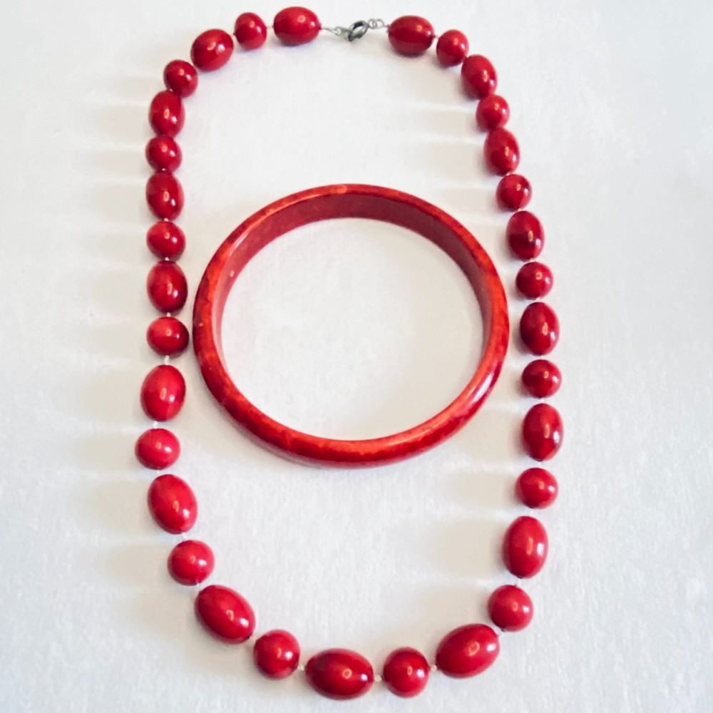 Red Beaded Necklace And Bangle Bracelet Married Set
