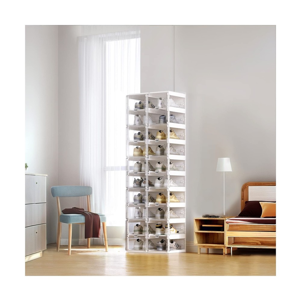 ANTBOX Collapsible Shoe Boxes Clear Plastic Stackable, Quick Setup Drop Front...