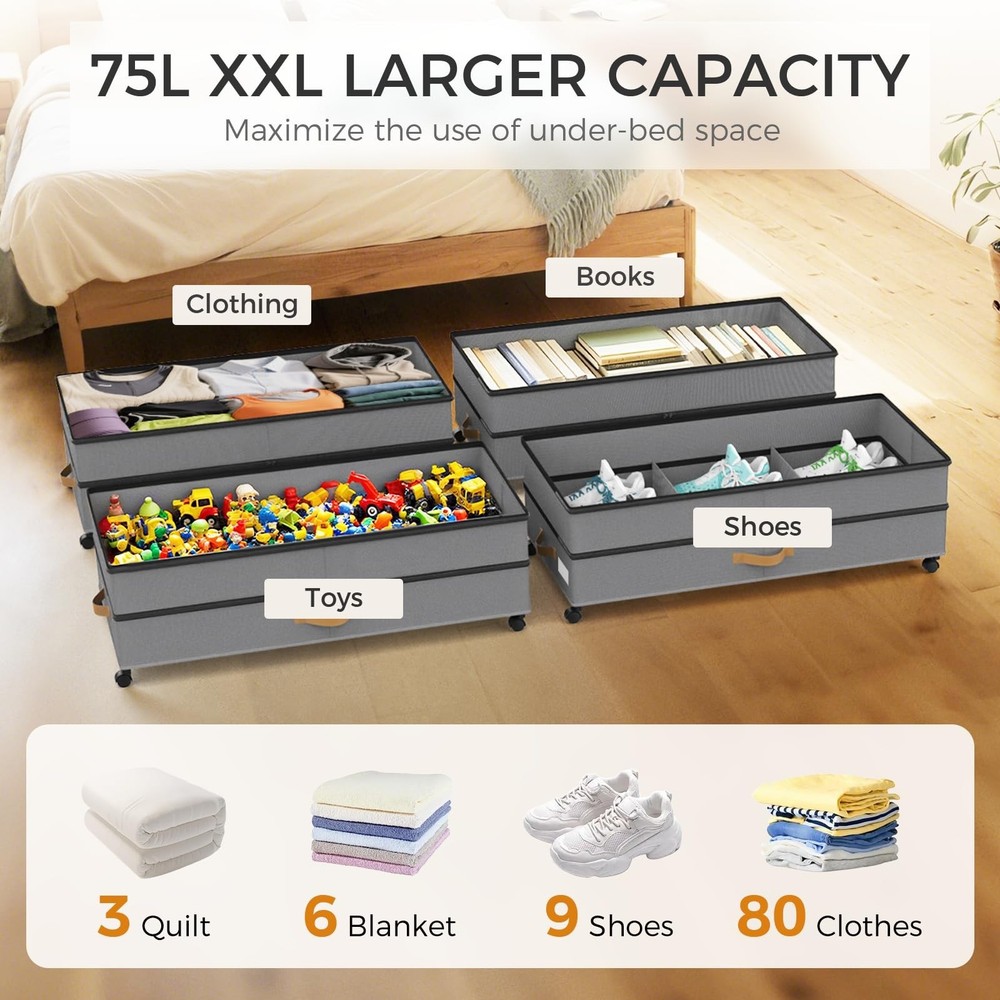 Under Bed Storage with Wheels 4-Pack, 75L XXL Under the Bed Storage Container...