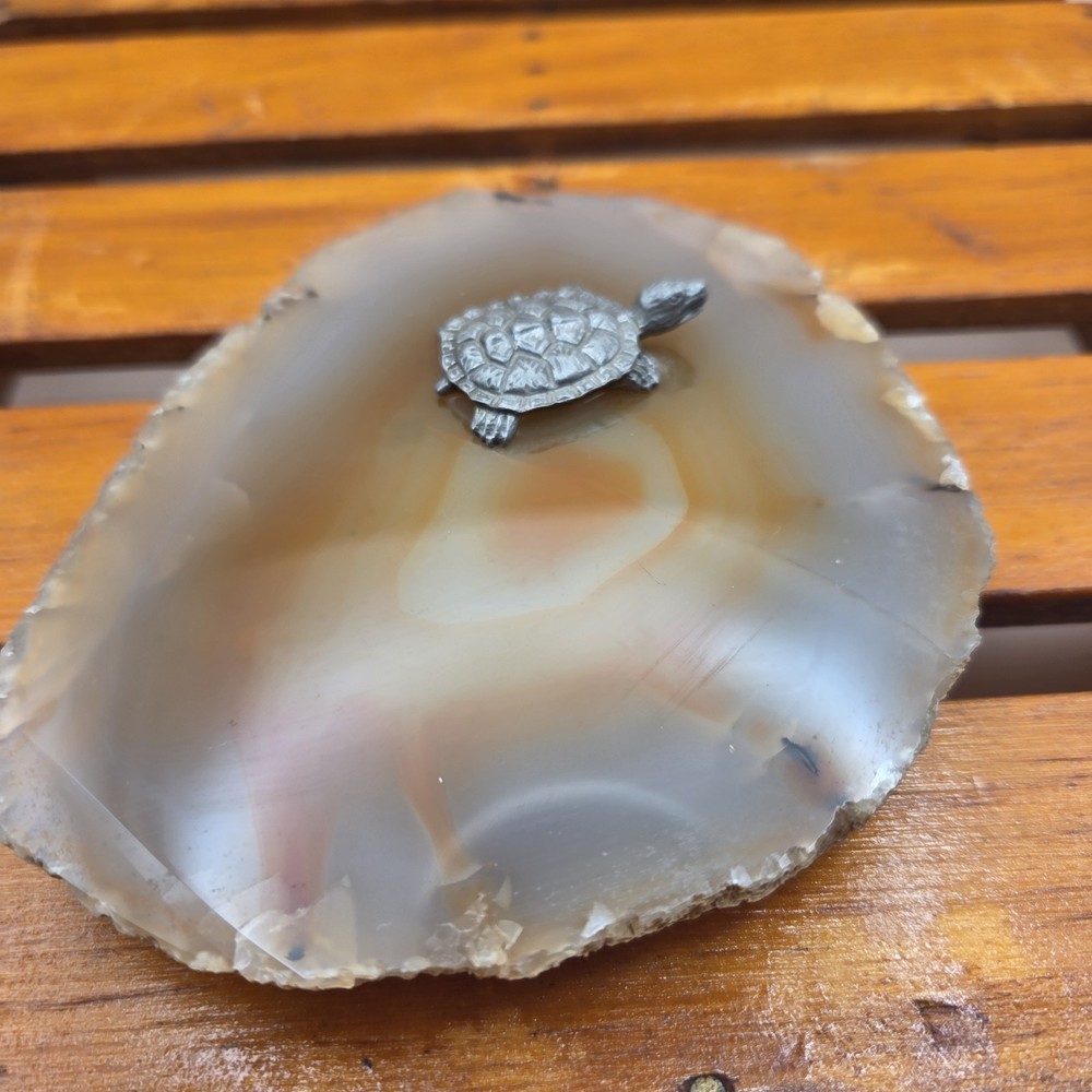Pewter Turtle Figurine On Agate Slab