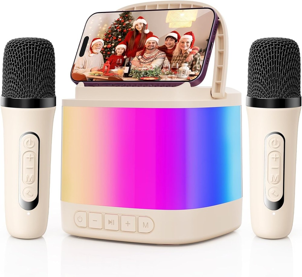 Mini Karaoke Machine, Bluetooth Speaker, 2Wireless Microphones&Holder, Gift Idea