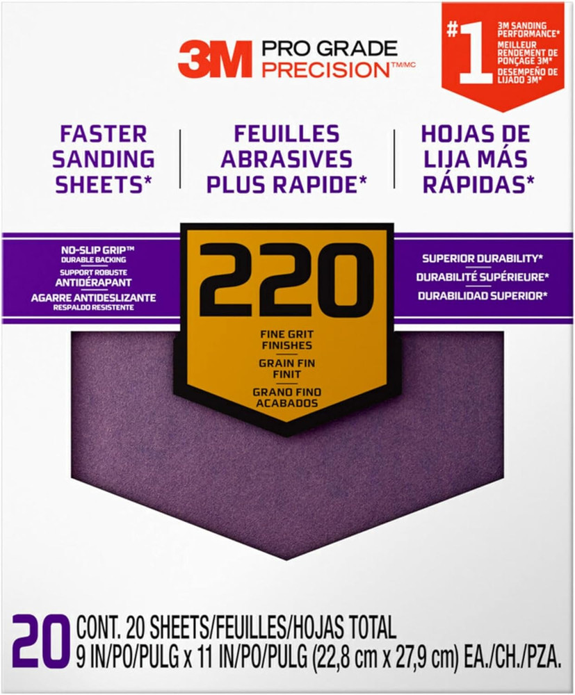 Advanced Sandpaper, 20 Sheets, 220 Grit, Pro Grade Precision, Features No-Slip