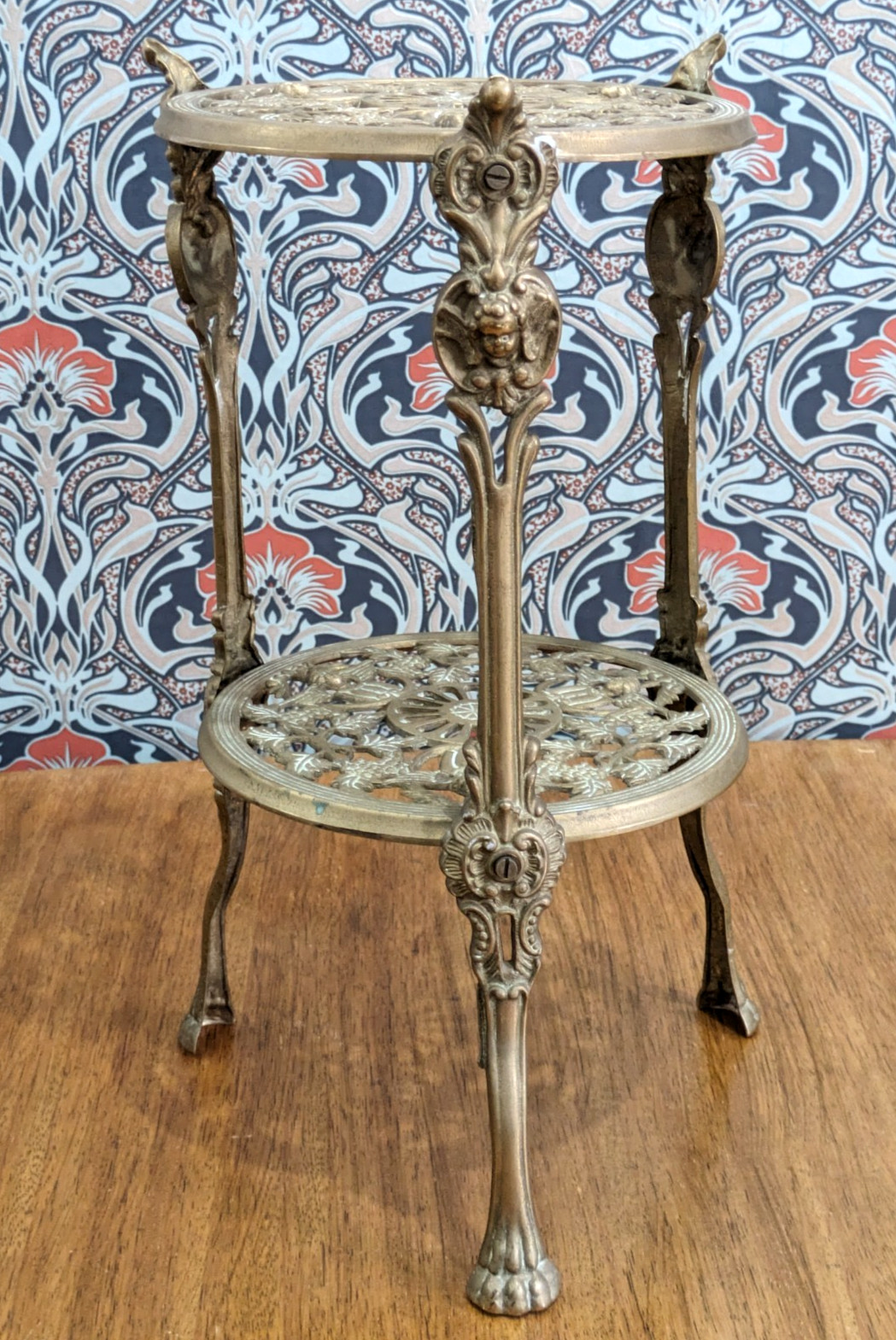 Vintage Ornate Brass Two Tier Side Table Plant Stand Pierced Cherub Angel